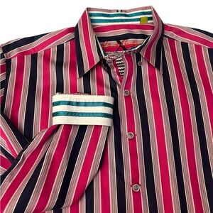 ROBERT GRAHAM X Collection Tailored Fit Shirt Striped Fuschia Navy Flip Cuff XL